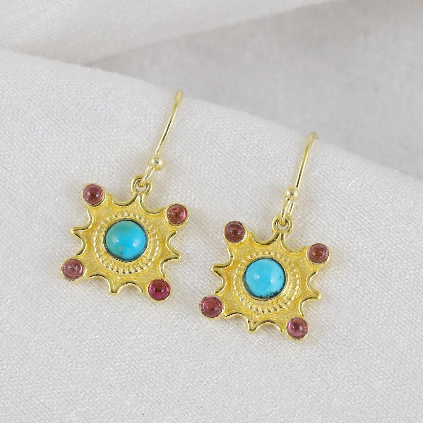 Gold Plated Brass Earrings, Turquoise Pink Tourmaline Gemstone, Office Wear Jewelry
