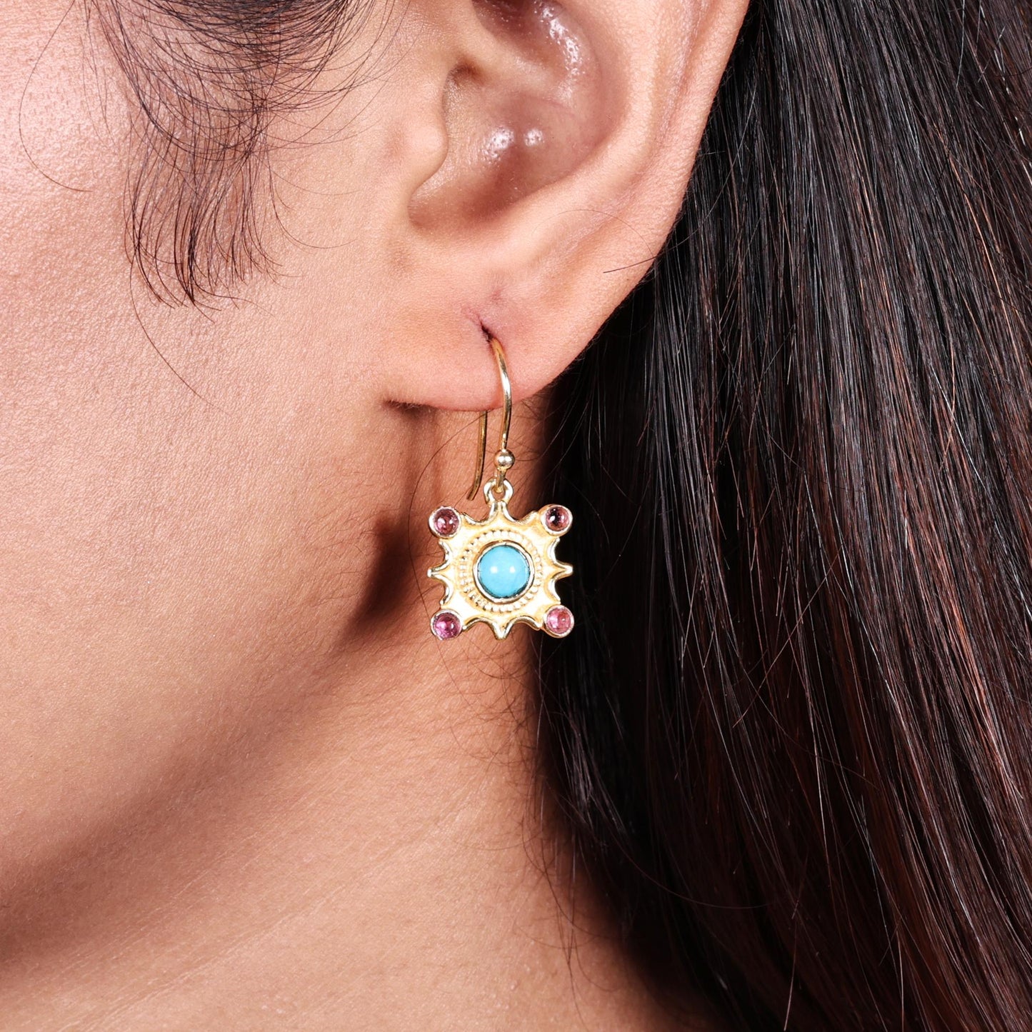 Gold Plated Brass Earrings, Turquoise Pink Tourmaline Gemstone, Office Wear Jewelry