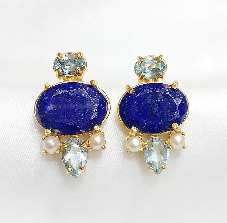 Gold Plated Lapis Blue Topaz Pearl Statement Earrings, Brass Base