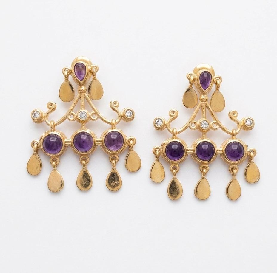 Gold Plated Brass Amethyst Chandelier Earrings, Party wear statement earrings for women