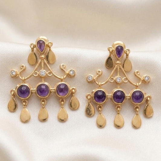 Gold Plated Brass Amethyst Chandelier Earrings, Party wear statement earrings for women