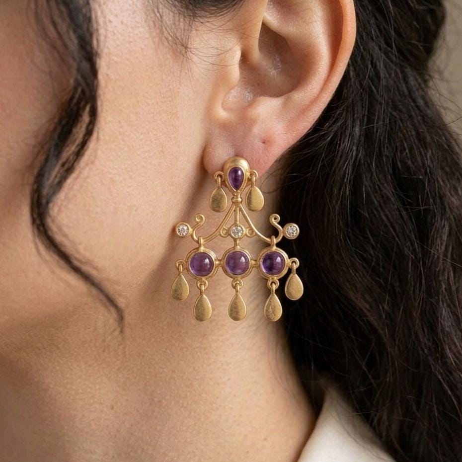 Gold Plated Brass Amethyst Chandelier Earrings, Party wear statement earrings for women