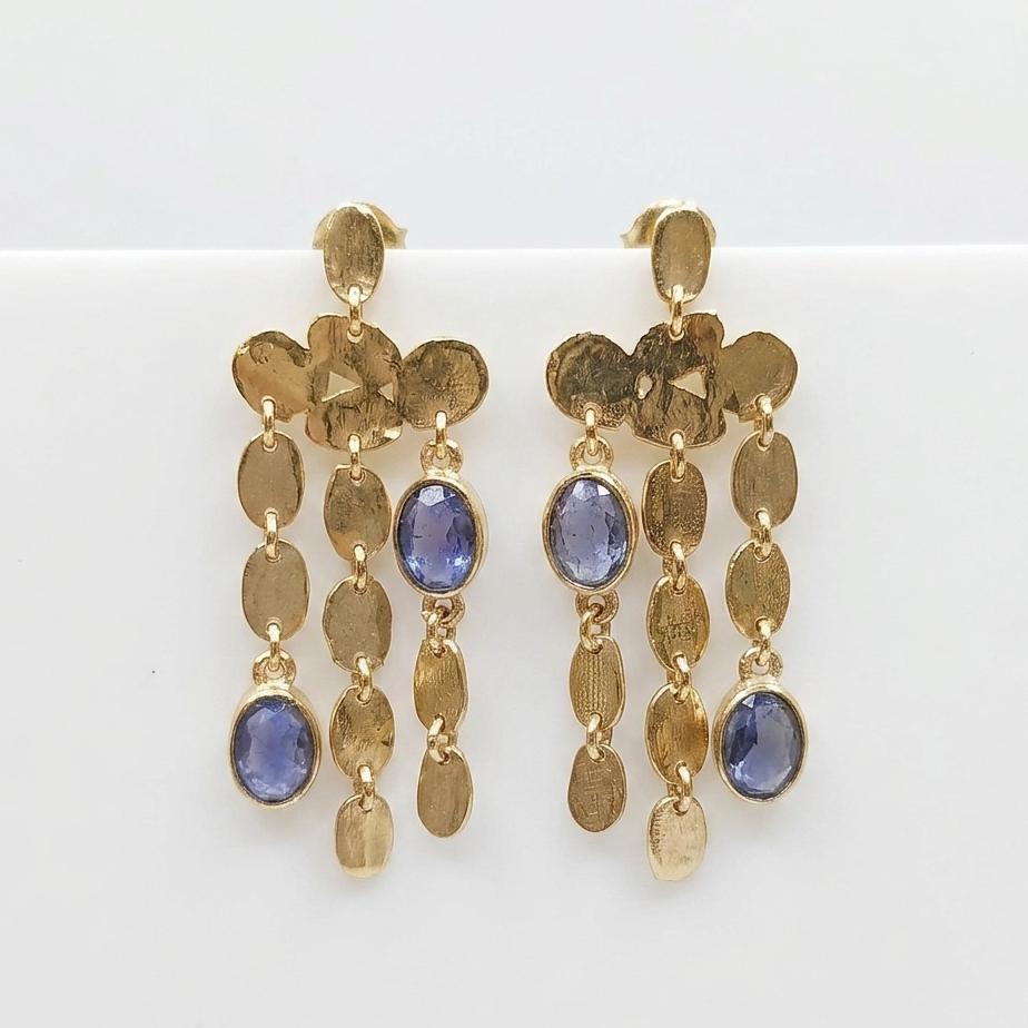 Gold Plated Brass Chandelier Earrings, Blue Iolite Gemstone Statement Pair