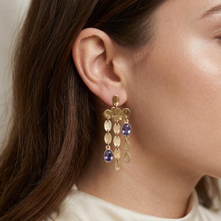 Gold Plated Brass Chandelier Earrings, Blue Iolite Gemstone Statement Pair