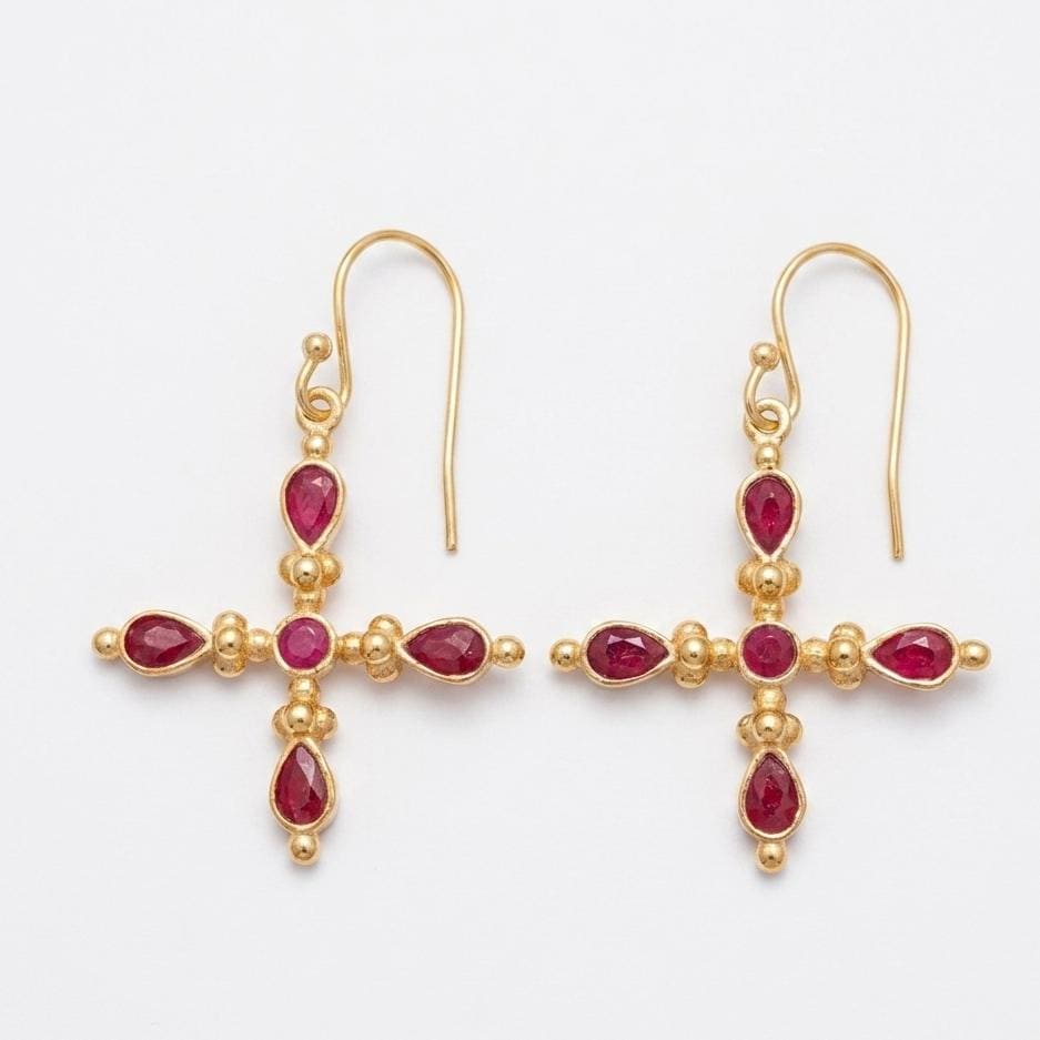 Gold Plated Brass Ruby Earrings, Cross shape pink stone everyday wear