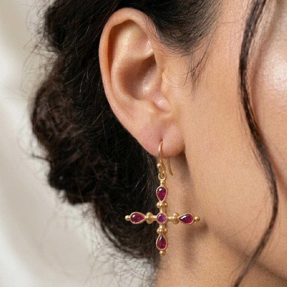 Gold Plated Brass Ruby Earrings, Cross shape pink stone everyday wear