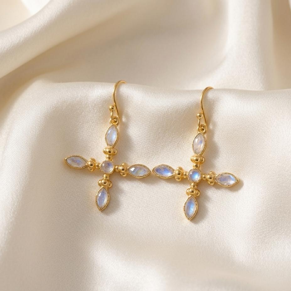 Gold Plated Brass Rainbow Moonstone Earrings, Daily wear casual cross earrings
