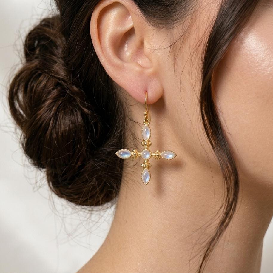 Gold Plated Brass Rainbow Moonstone Earrings, Daily wear casual cross earrings