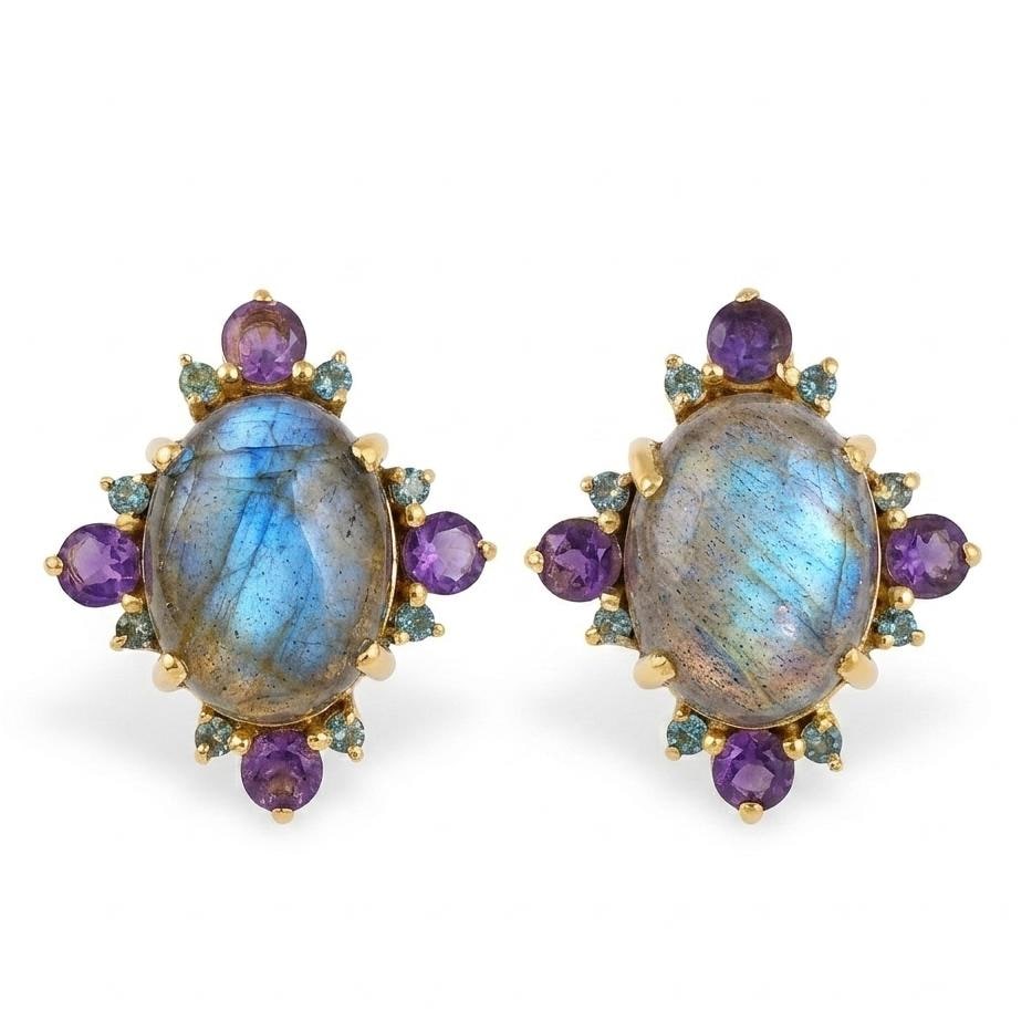 Gold Plated Brass Labradorite, Blue Topaz and Amethyst Statement Earrings, Multiple Stone Statement Studs