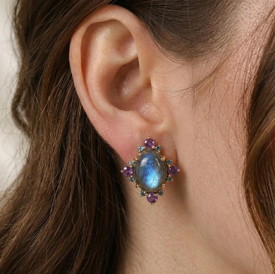 Gold Plated Brass Labradorite, Blue Topaz and Amethyst Statement Earrings, Multiple Stone Statement Studs