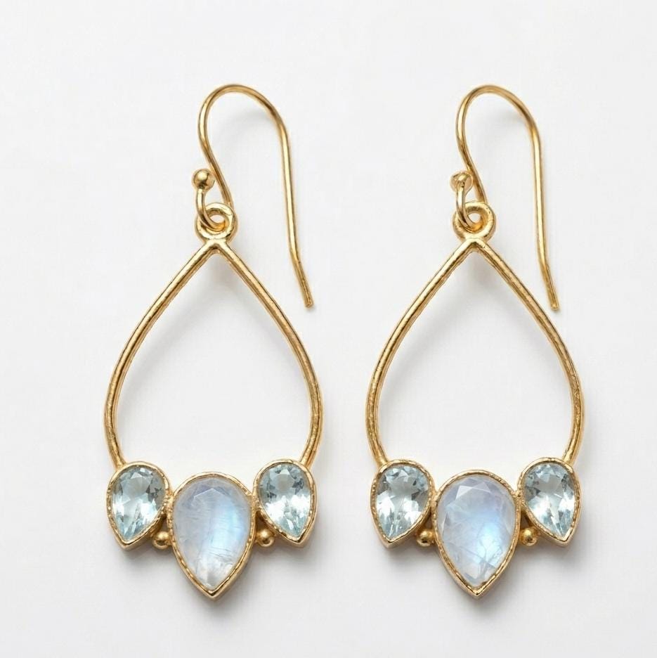 Gold Plated Brass Rainbow Moonstone and Blue Topaz Earrings, Daily wear casual earrings