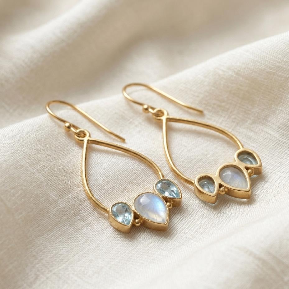 Gold Plated Brass Rainbow Moonstone and Blue Topaz Earrings, Daily wear casual earrings