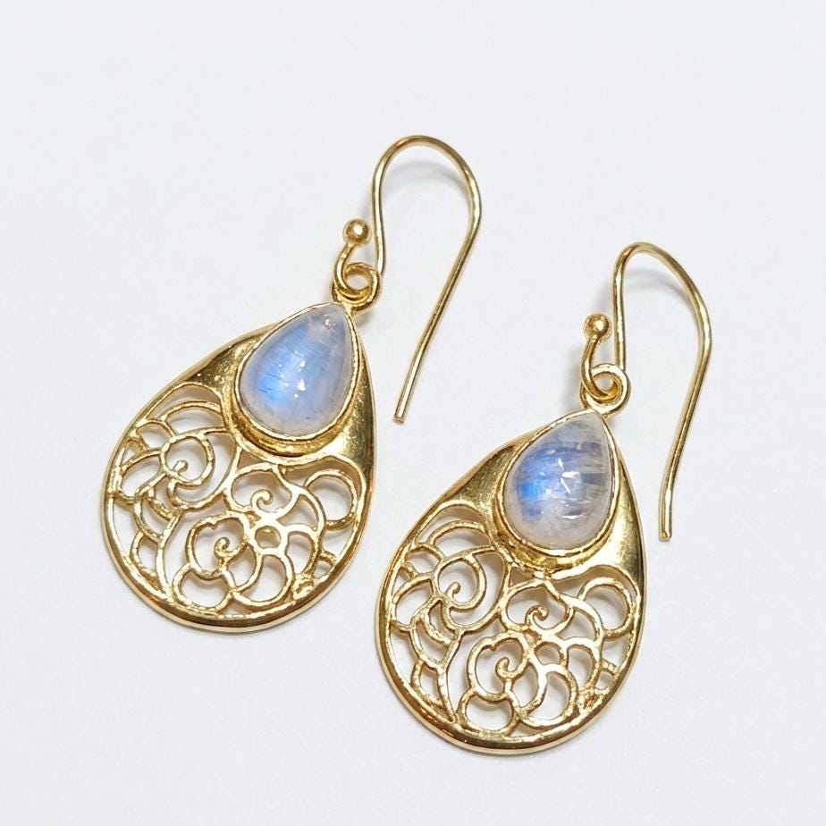 Gold Plated Brass Rainbow Moonstone Earrings, Daily wear casual filigree earrings