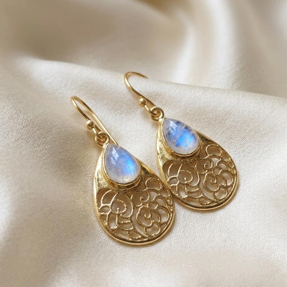 Gold Plated Brass Rainbow Moonstone Earrings, Daily wear casual filigree earrings