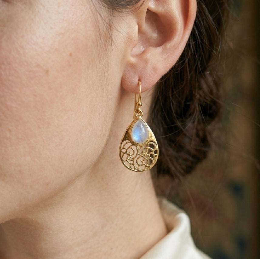Gold Plated Brass Rainbow Moonstone Earrings, Daily wear casual filigree earrings