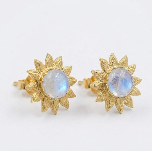 Gold Plated Brass Rainbow Moonstone Earrings, Daily wear casual flower Studs
