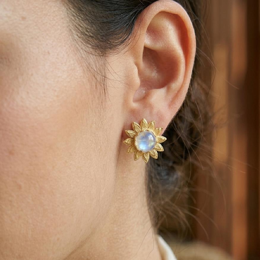 Gold Plated Brass Rainbow Moonstone Earrings, Daily wear casual flower Studs
