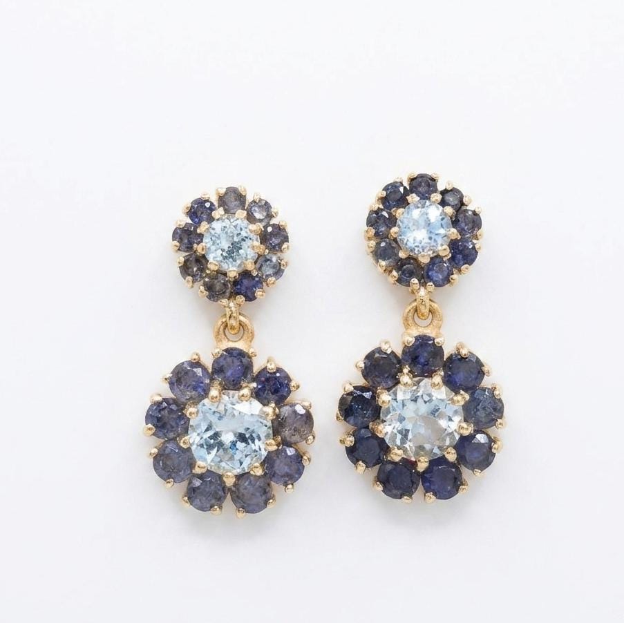 Gold Plated blue stone Earrings, Blue topaz and Iolite Gemstone Statement Pair