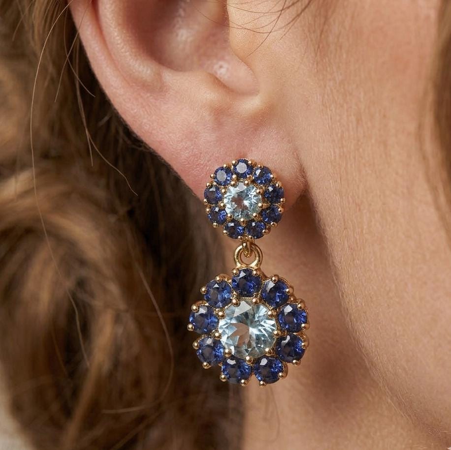 Gold Plated blue stone Earrings, Blue topaz and Iolite Gemstone Statement Pair